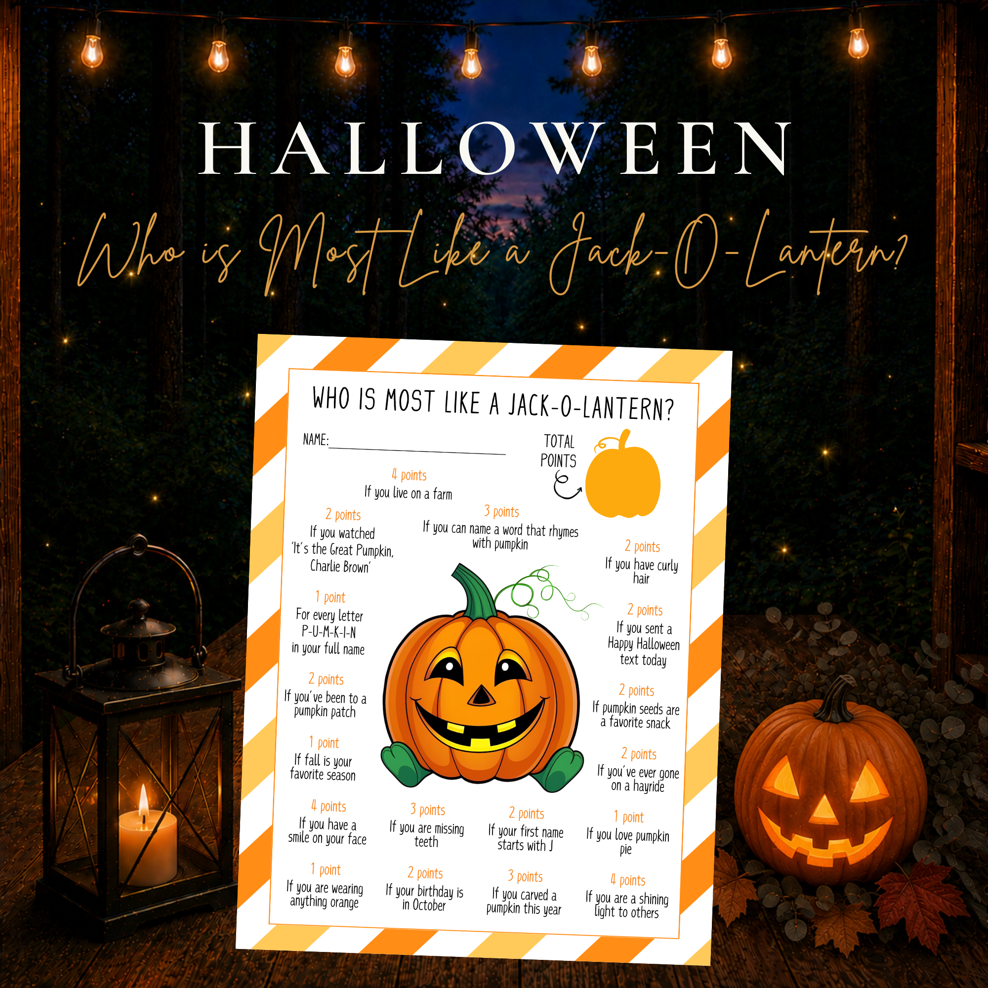 Who Is Most Like a Jack-O-Lantern printable Halloween party game with fun pumpkin and fall point prompts