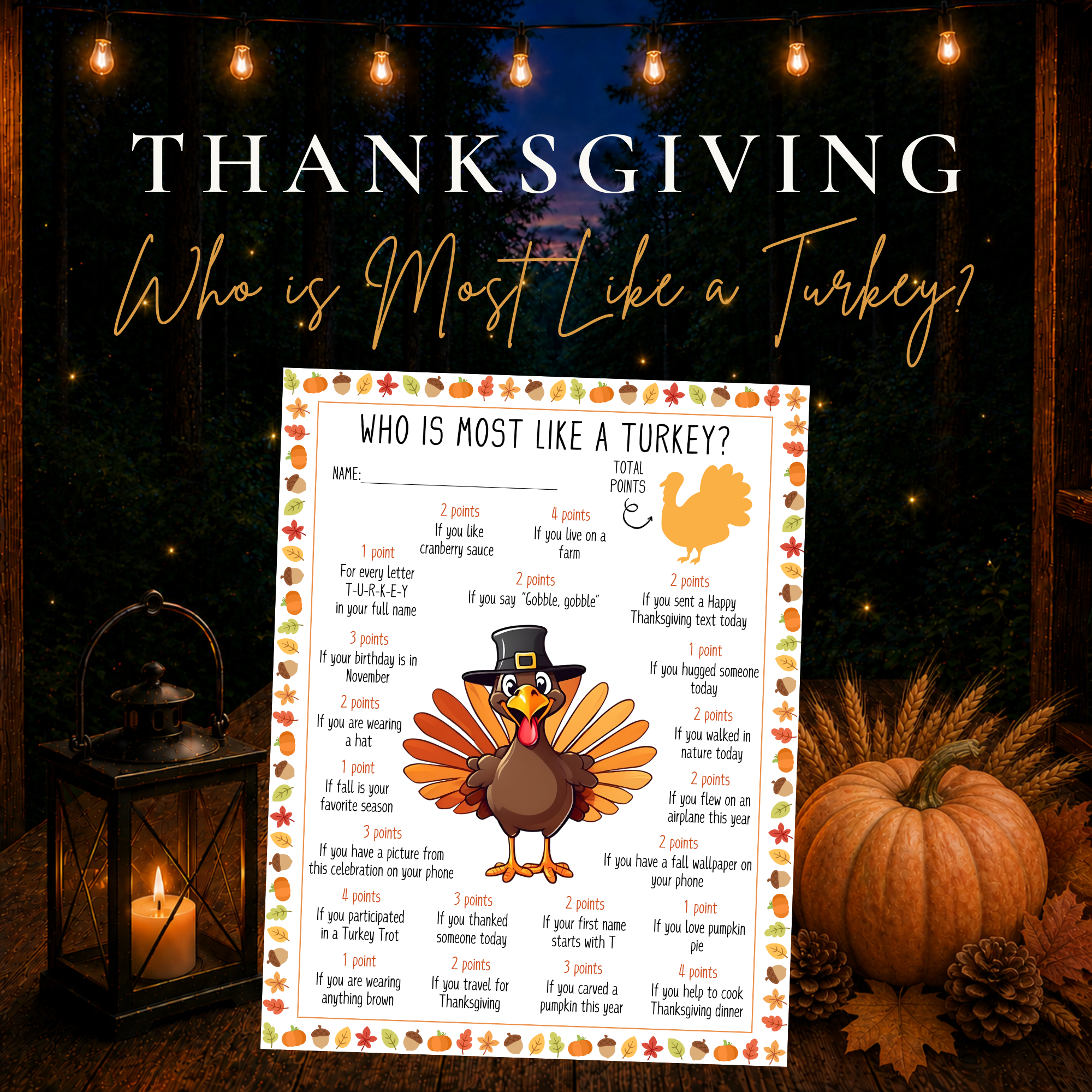 Who Is Most Like a Turkey Thanksgiving printable game for family and holiday gatherings