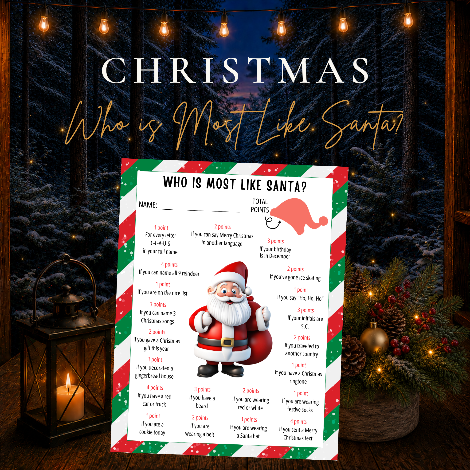 Who Is Most Like Santa printable Christmas party game with festive Santa-themed scoring activity