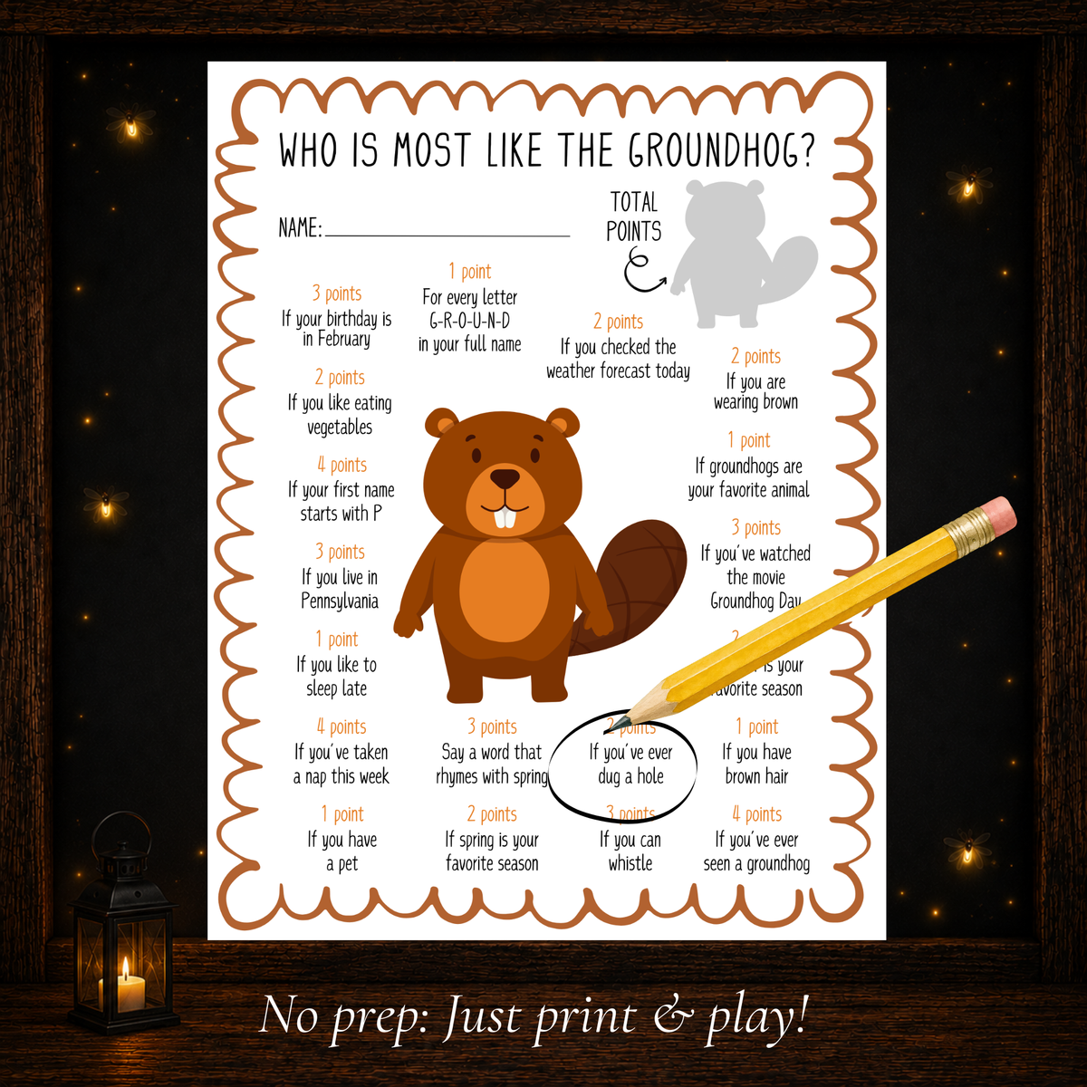 Who Is Most Like the Groundhog printable game sheet with fun point-based prompts for a Groundhog Day activity